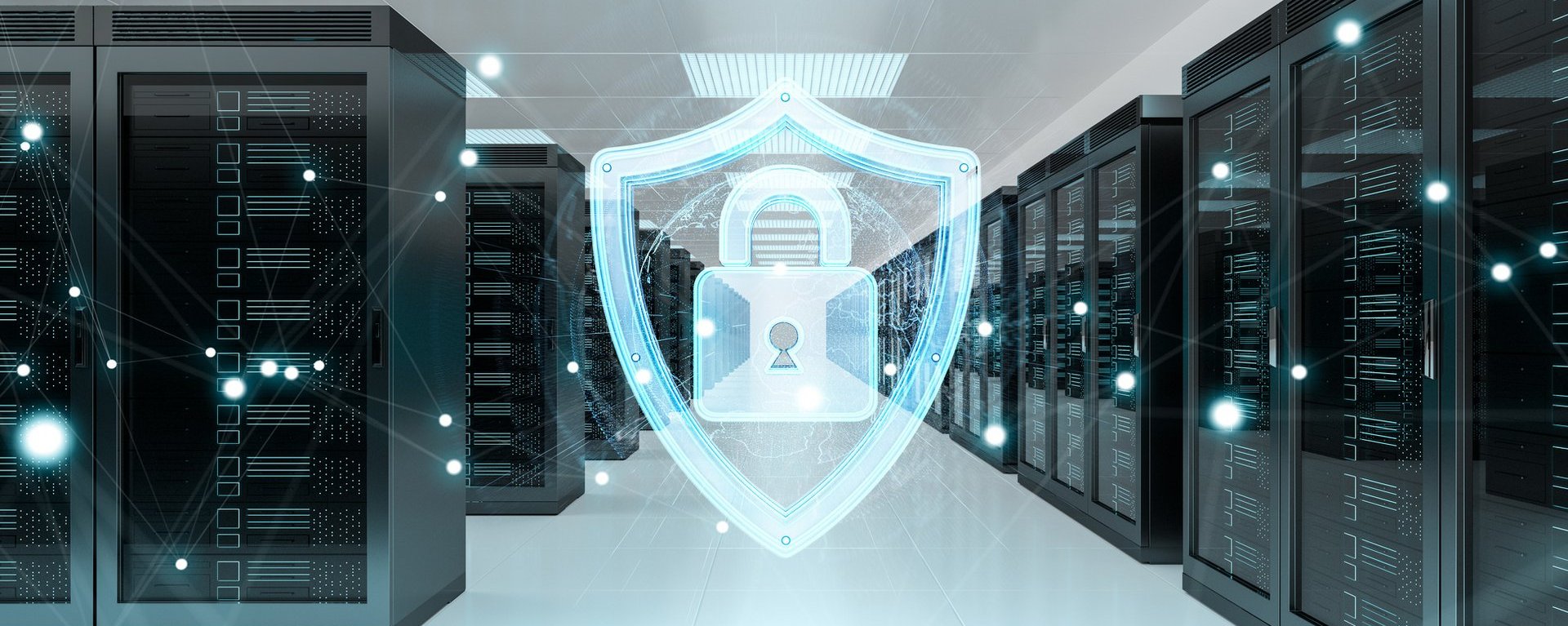 3D-Render eines Hochleistungs-Rechenzentrums mit vielen Serverschränken, die bis in die Ferne ragen. Grafisch auf dem Bild befindet sich ein Netzwerk, welches in der Mitte des Bildes von einem Schloss innerhalb eines Schildes als Symbolisierung von Sicherheit zusammenkommt.