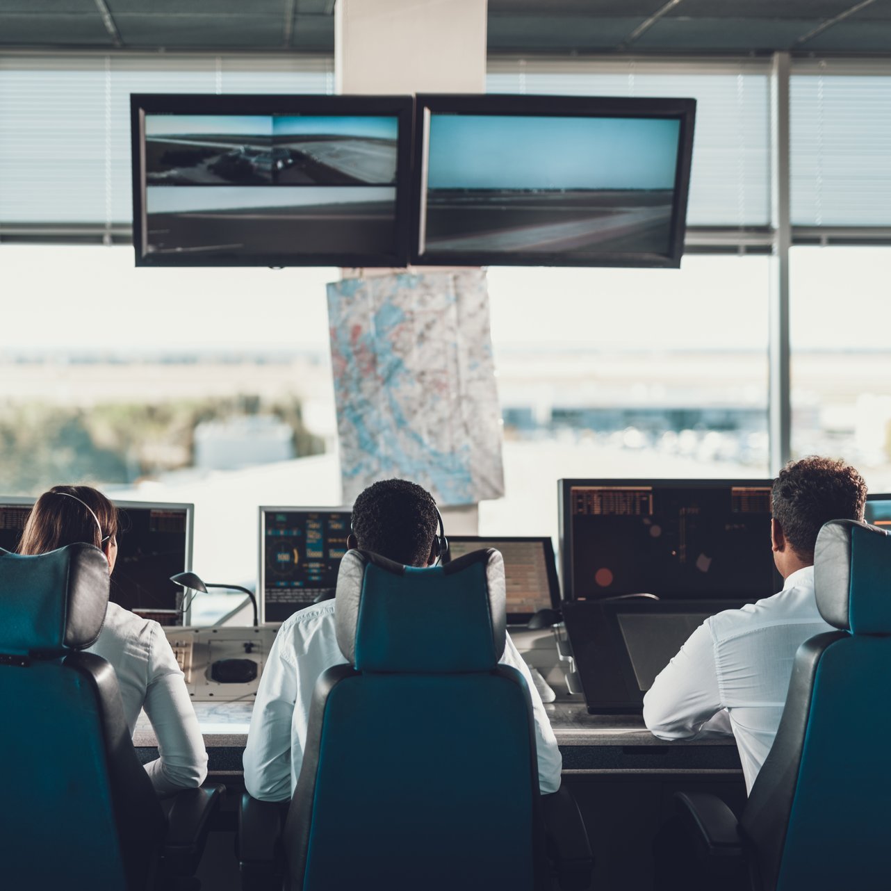 Rückansicht von einem großen Bürotisch an dem drei Mitarbeiter, die im Alarmierungszentrum arbeiten, nebeneinander auf Bürostühlen sitzen und von hinten zu sehen sind. Jeder Mitarbeiter bedient einen eigenen Rechner mit mehreren, unterschiedlich großen Bildschirmen auf denen die Direktanbindung der Software-Lösung von Alamos zu bedienen ist. Im Hintergrund ist eine große Glasfront, die einen Ausblick auf einen großen Platz vor dem Bürogebäude zeigt.